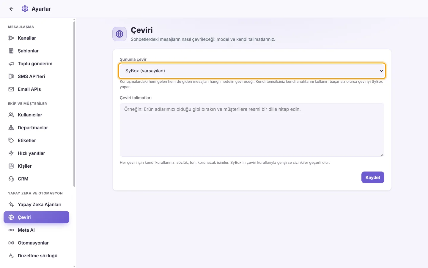 Settings, Translation: "Translate with" chooses who translates the messages