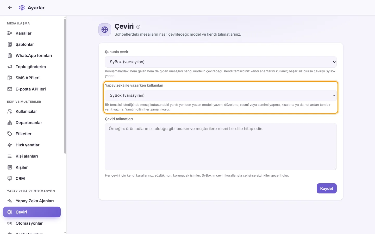 Translation settings: "Write with AI using"