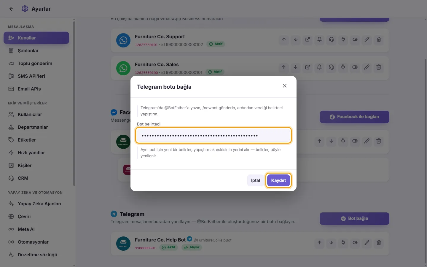 The "Connect a Telegram bot" window: the Bot token field with an example token, and the Save button