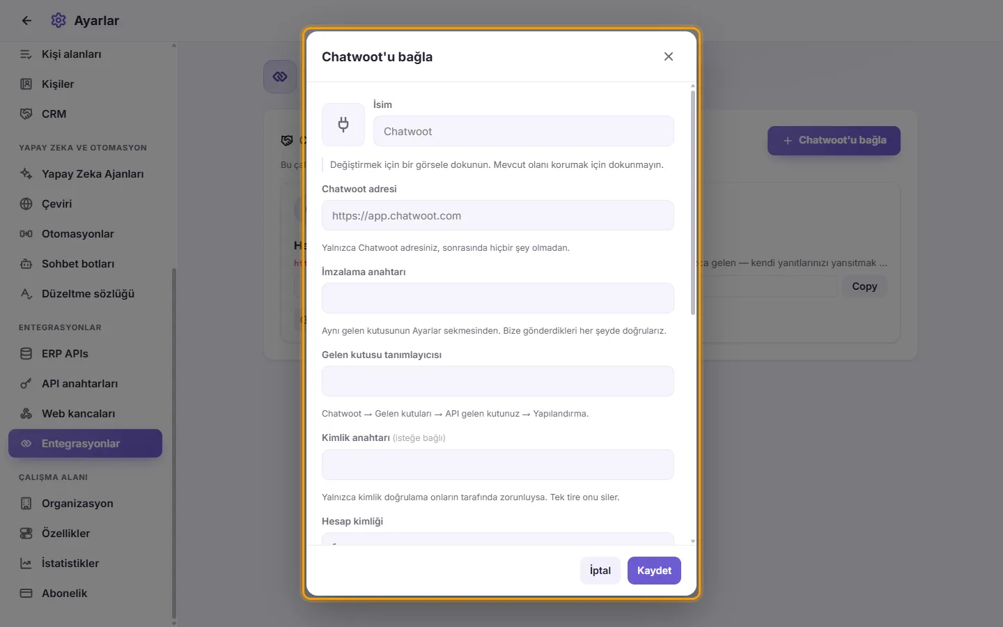 Connect Chatwoot: the address, the signing secret, the inbox identifier, the account ID and the administrator token, then the numbers