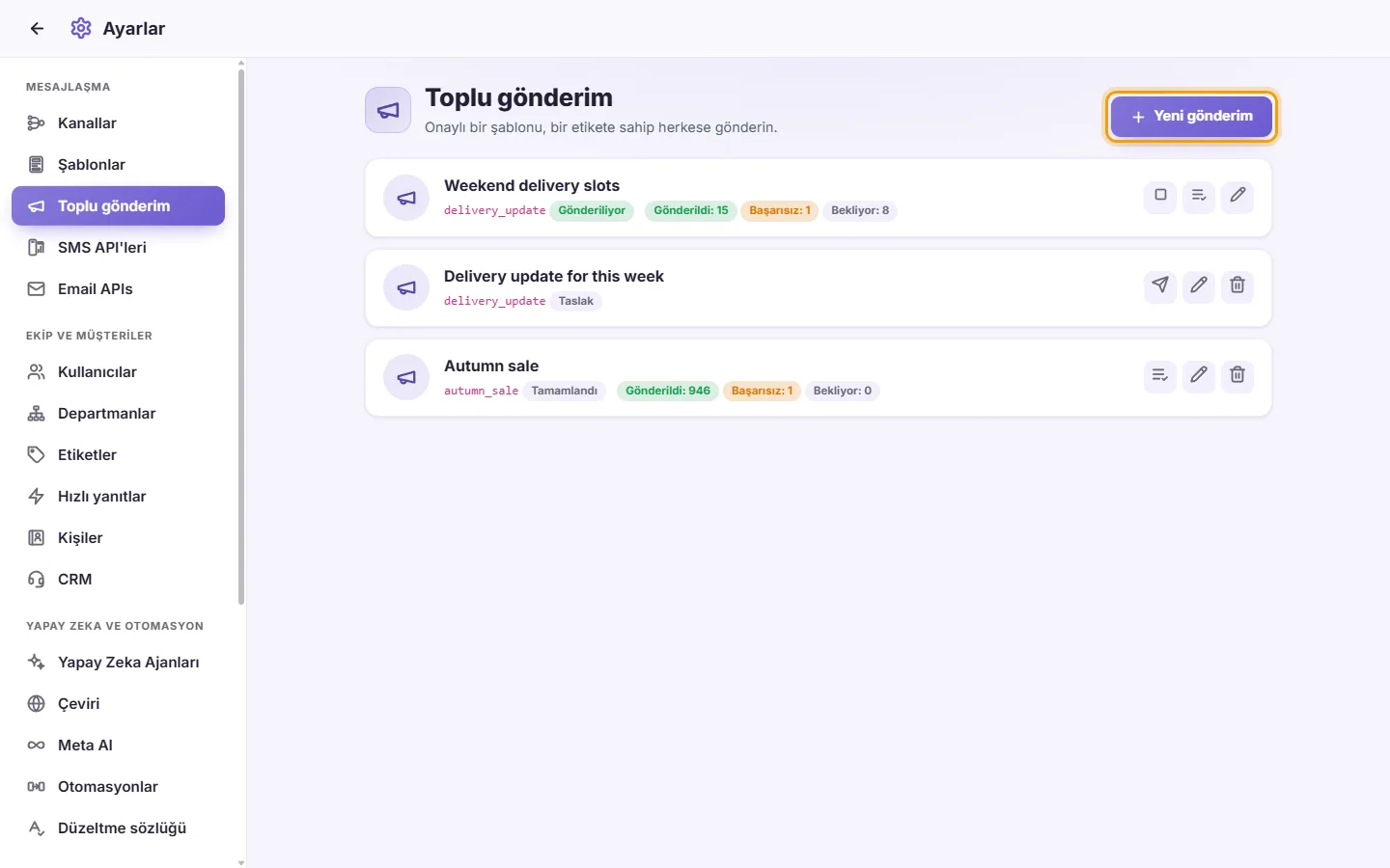 Settings, Broadcasts: one sending, a draft and a finished one, and the "New broadcast" button