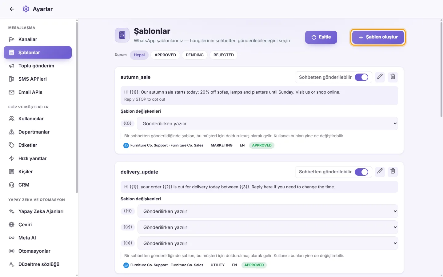 Settings, Templates: the template cards, the filters for their status, and the "Create template" button