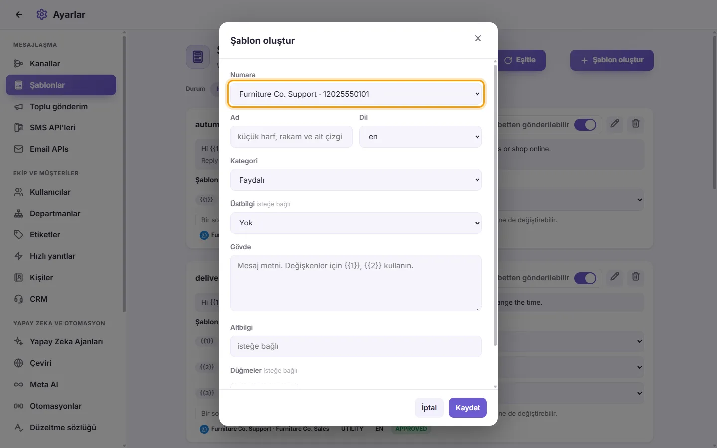The new template form: the number it belongs to first, then its name, category, language and content