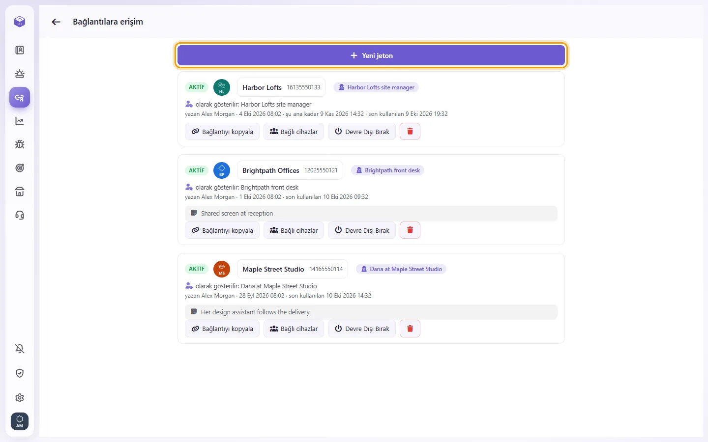 Access links: the links already shared and the "New token" button