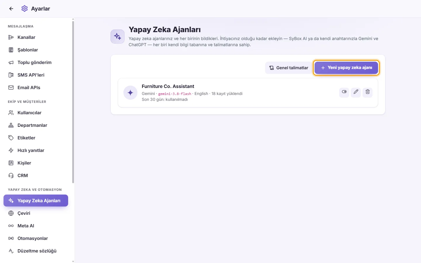 Settings, AI Agents: the agents already made and the "New AI agent" button