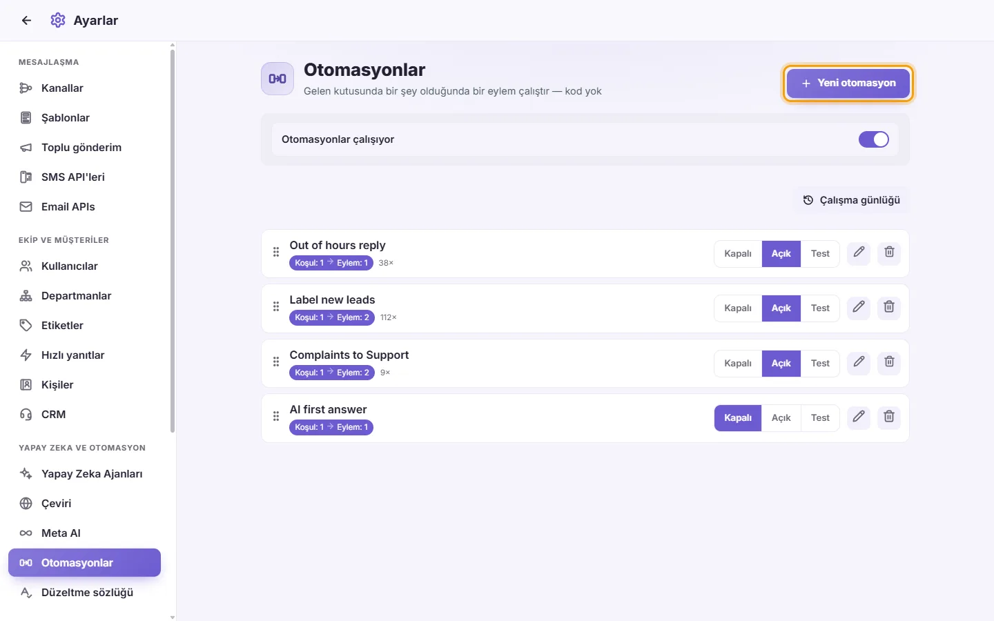 Settings, Automations: rules that run on their own, with their runs, and the "New automation" button
