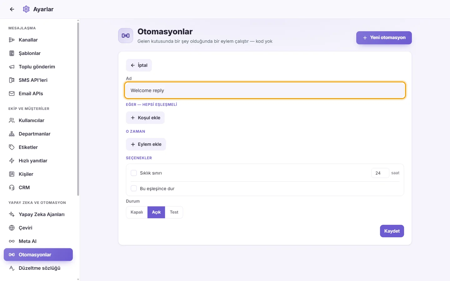 The new automation: its name first ("Welcome reply"), then when it runs, its conditions and its actions