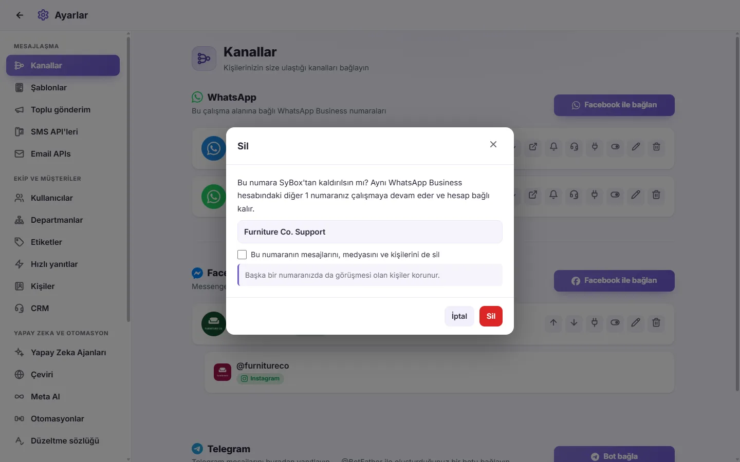 The question SyBox asks before it deletes a number, with the option to erase its messages too