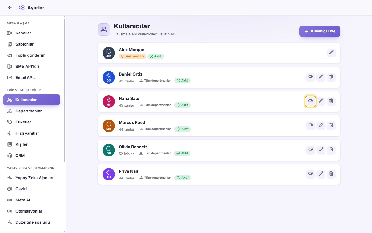 Settings, Users: the Enable / Disable switch on a user's card