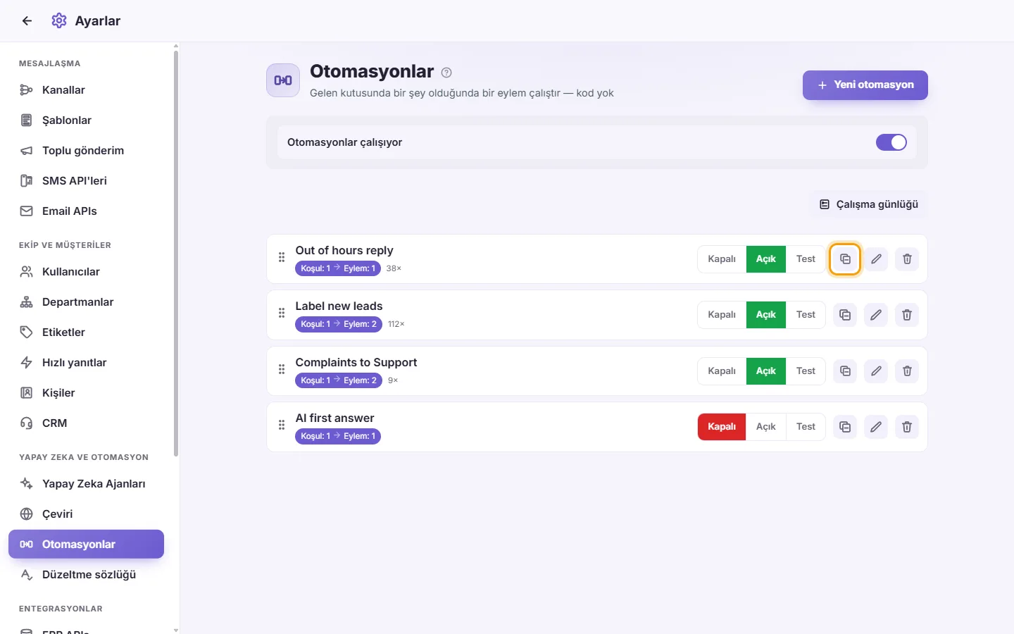 Settings, Automations: "Duplicate" (the copy icon) on an automation's row