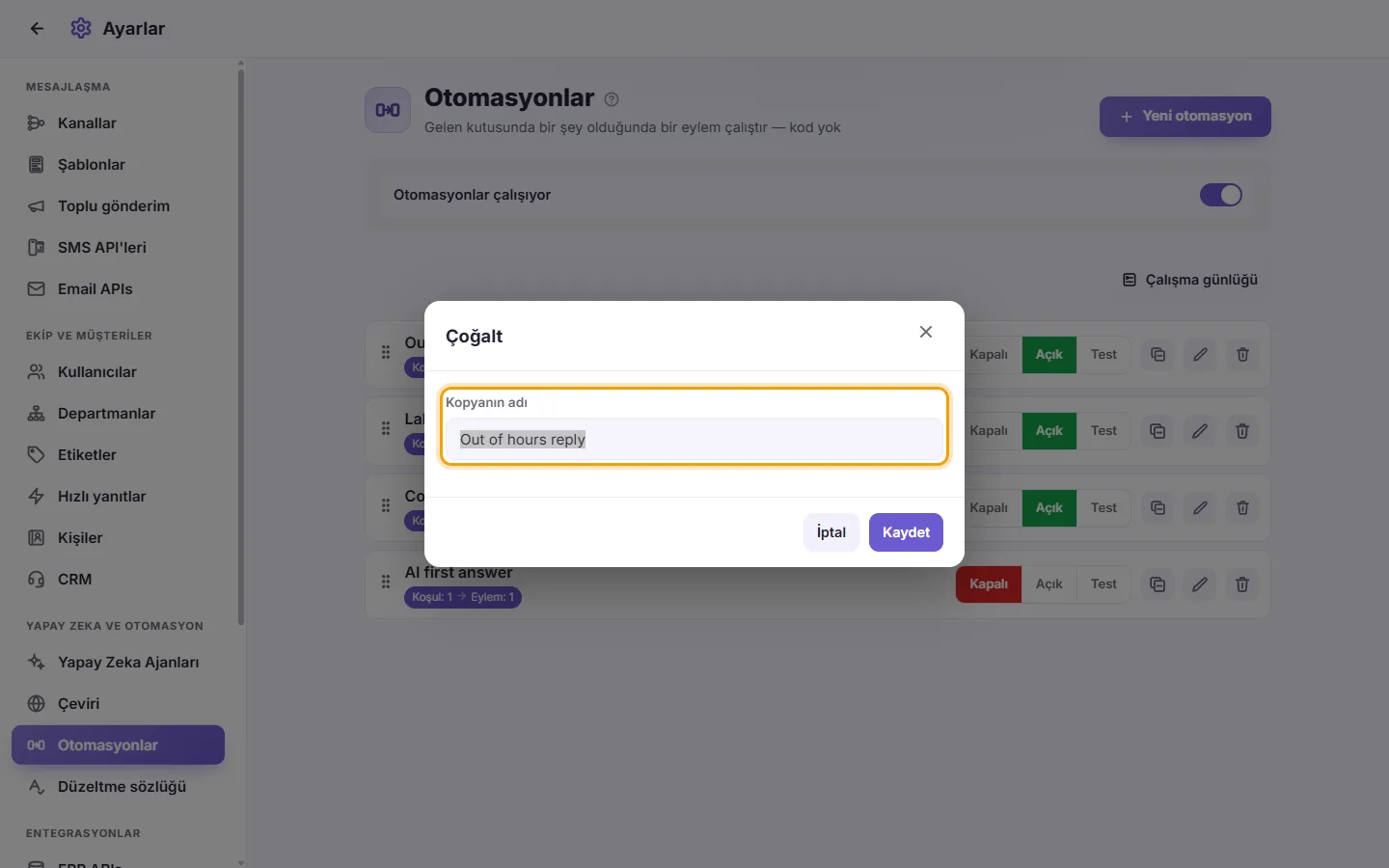 The Duplicate window: "Name of the copy"