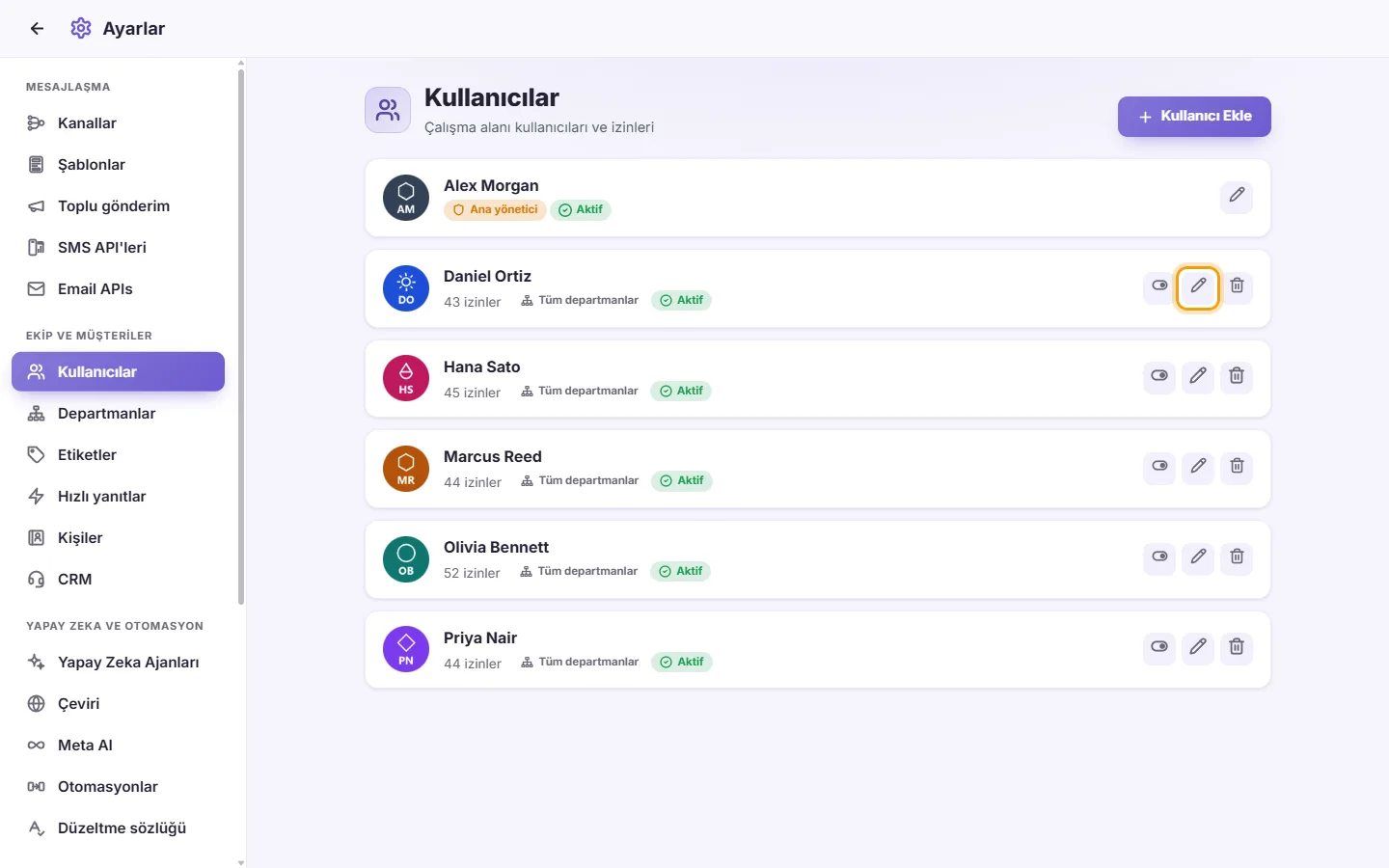 Settings, Users: the Edit button (the pen) on a user's card