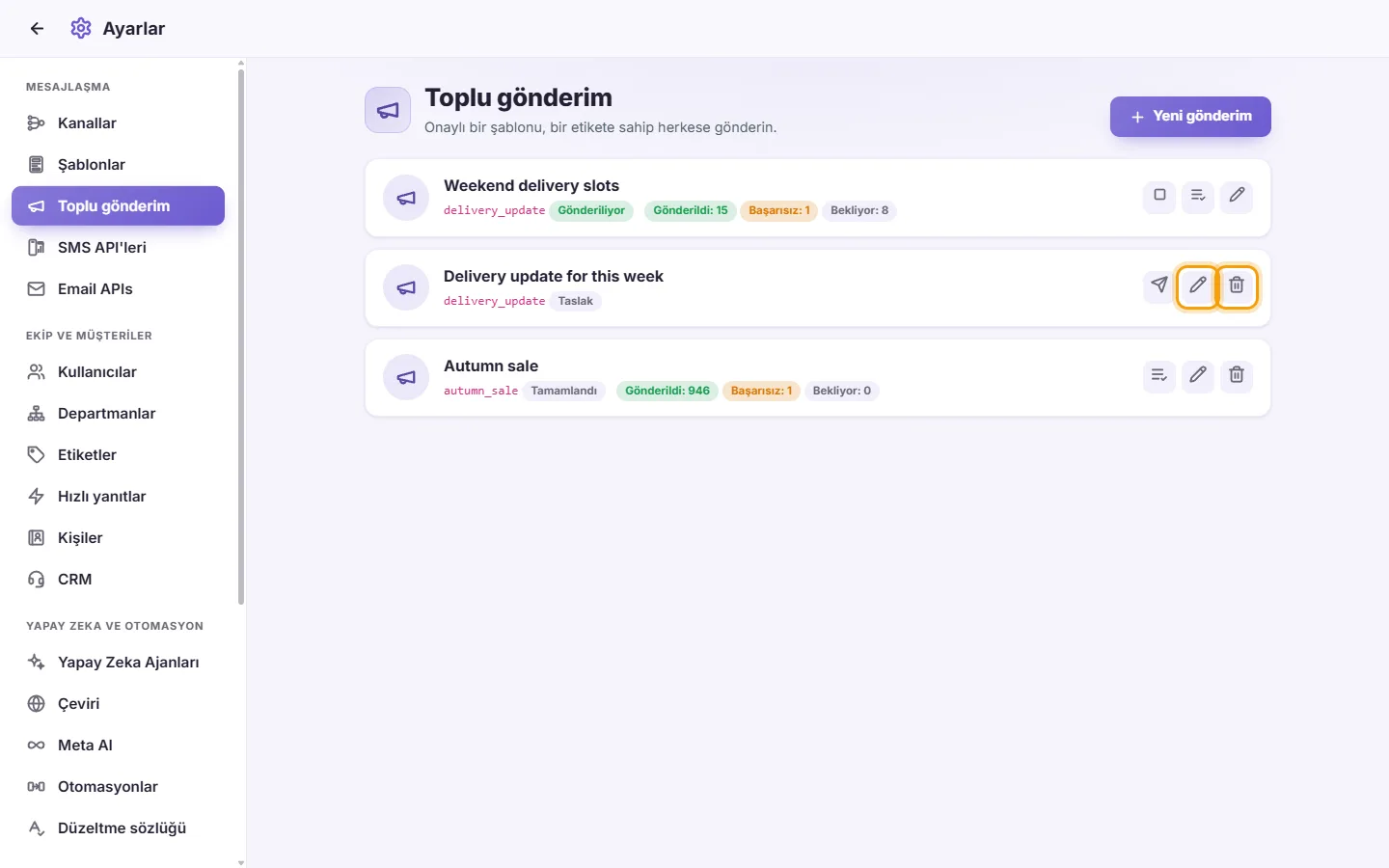 Settings, Broadcasts: a draft's Edit and Delete buttons (only a draft can be changed)