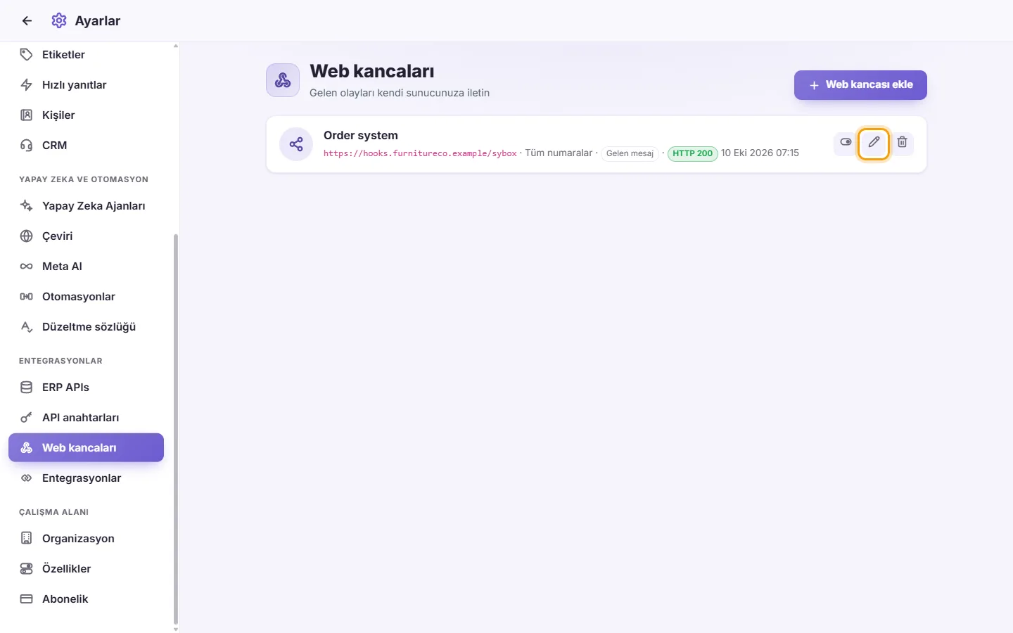 To edit, pause or delete a webhook: "Edit" marked on the screen in SyBox