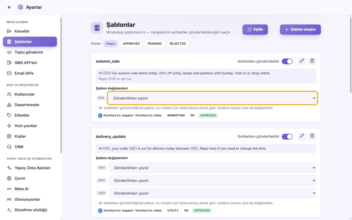 A template card: the source that fills {{1}} when the template is sent from a conversation