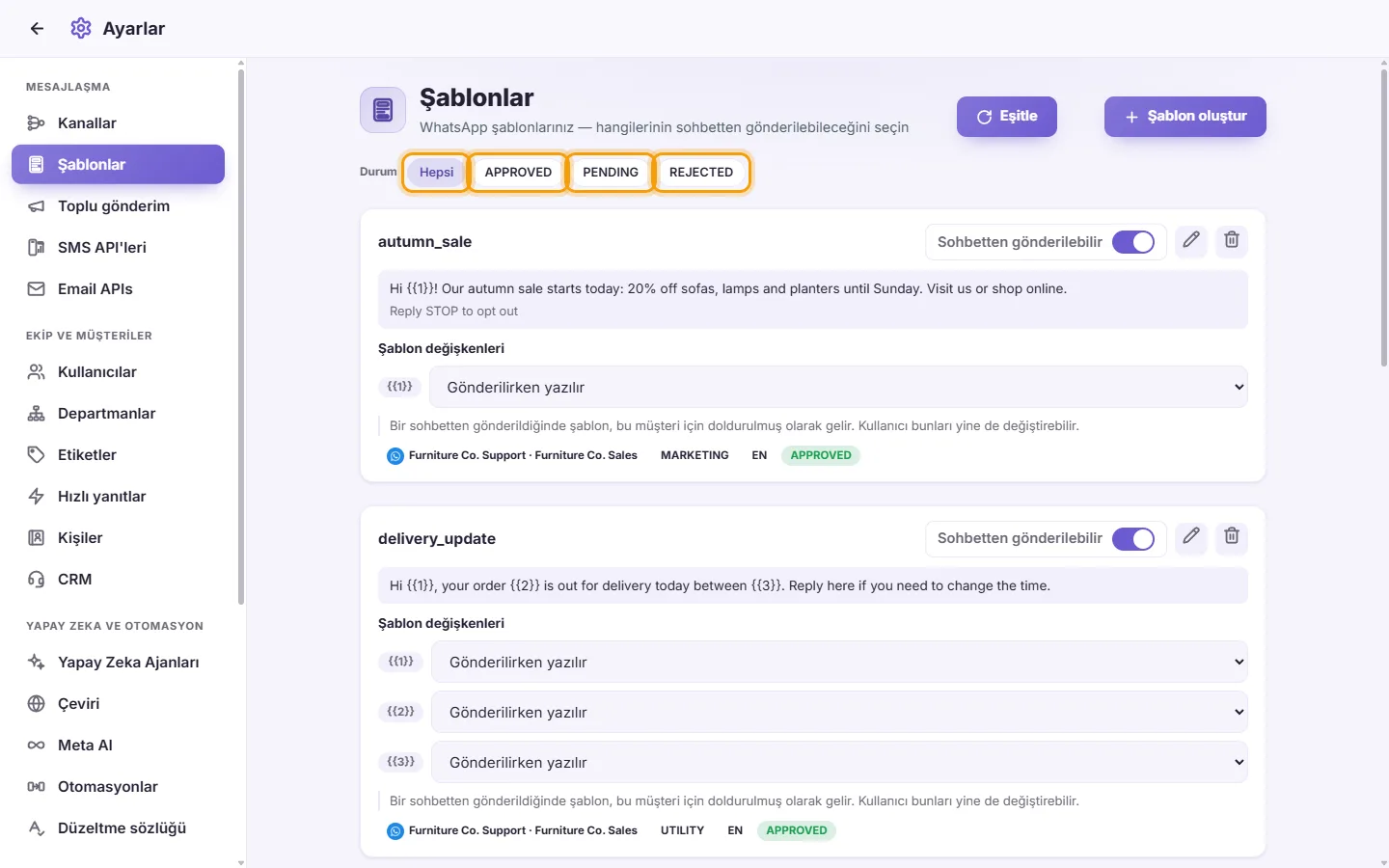 Settings, Templates: the filters All, APPROVED, PENDING and REJECTED above the cards