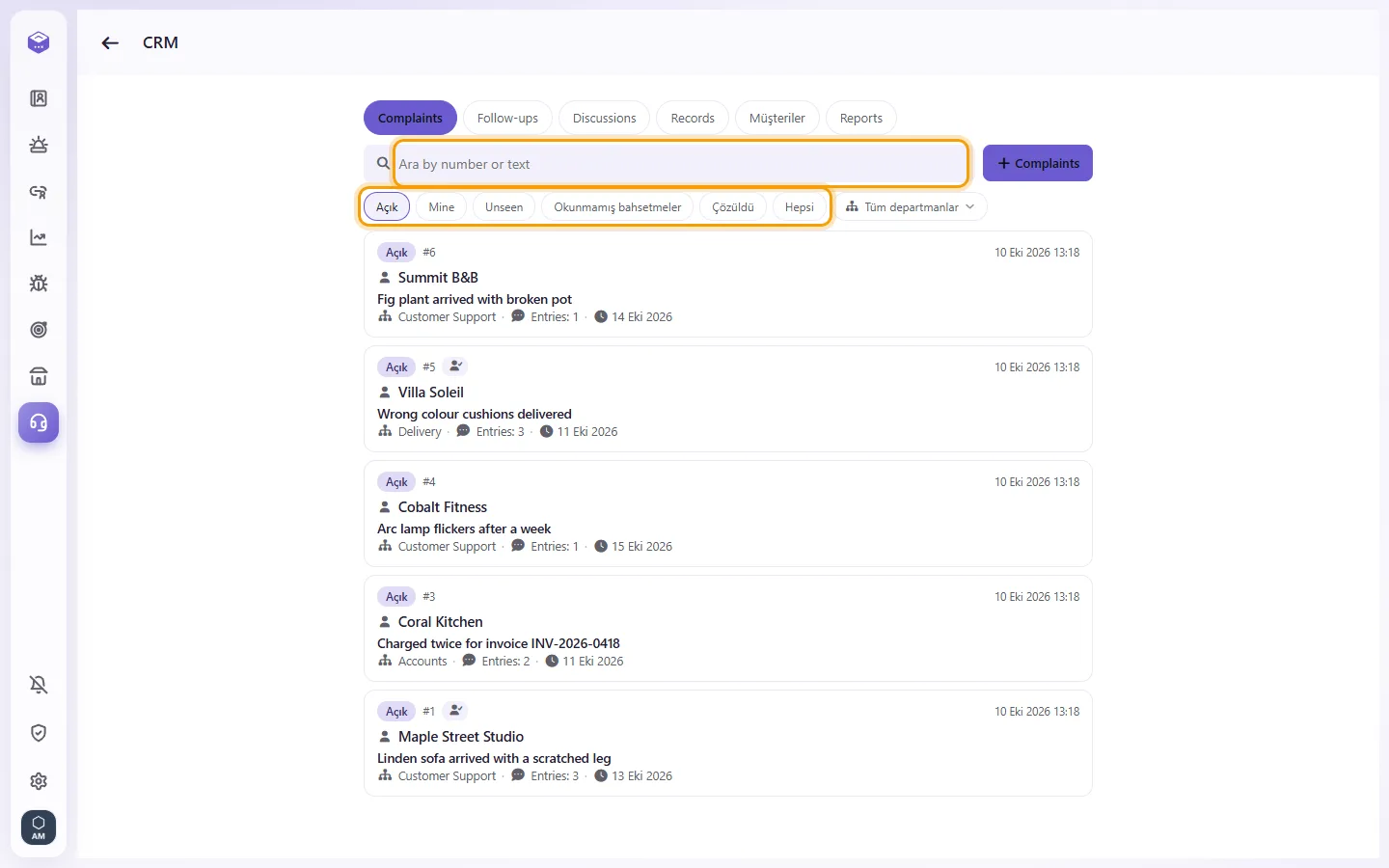CRM: the search box (a case number or words) and the filters Open, Mine, Unseen, Unread mentions, Solved and All