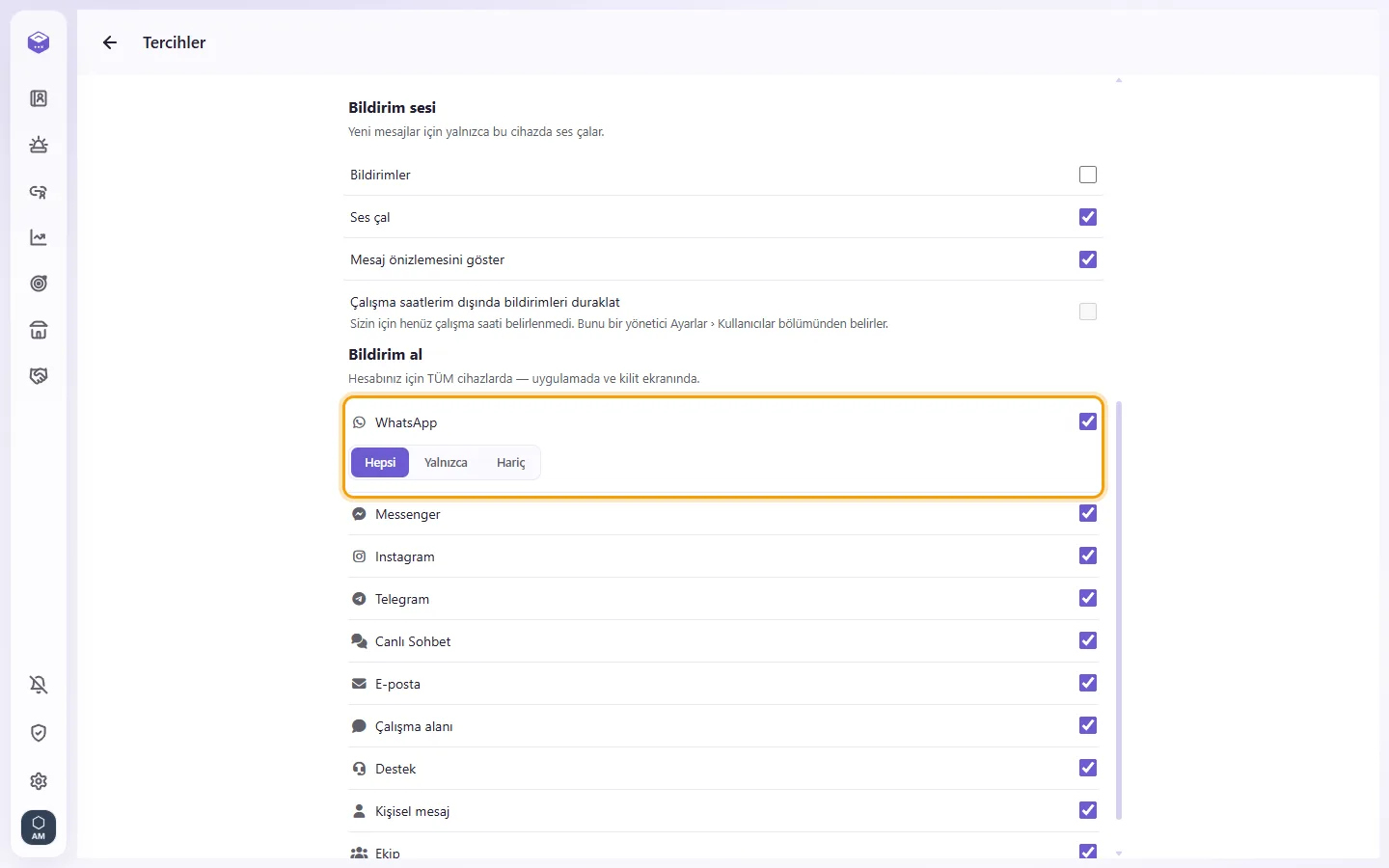 Preferences, Notify me about: a channel's All / Only / Except