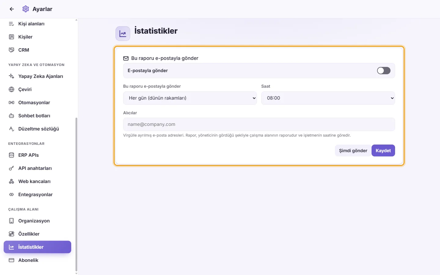 Settings, Analytics: "Email this report", daily or weekly, the hour, To, Save and Send now
