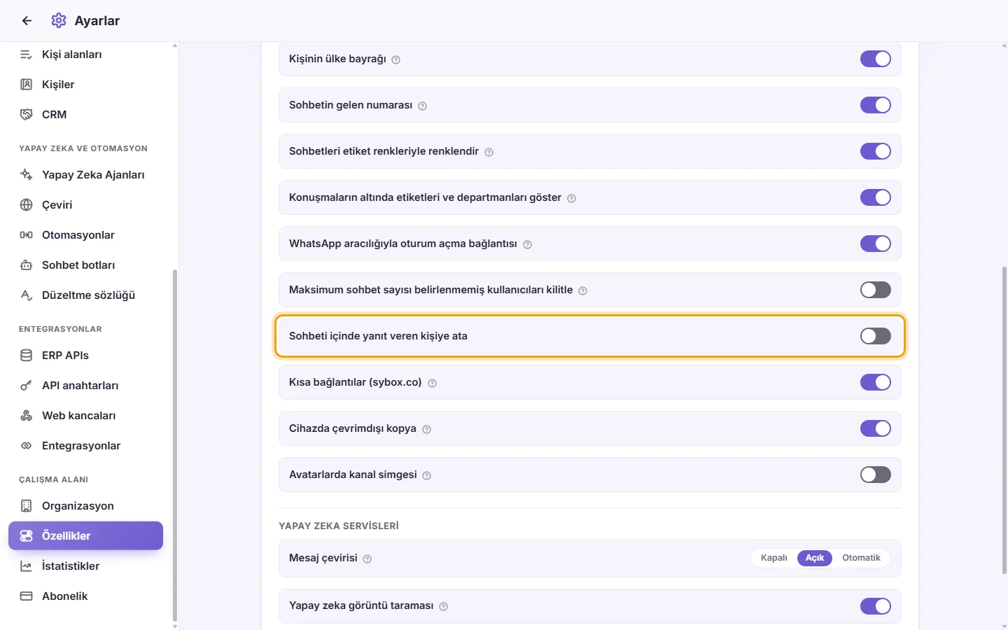 Settings, Features: "Assign a conversation to whoever replies in it"