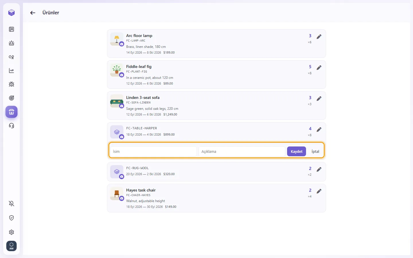Products: the item's Edit form with its Name and Description boxes and the Save button
