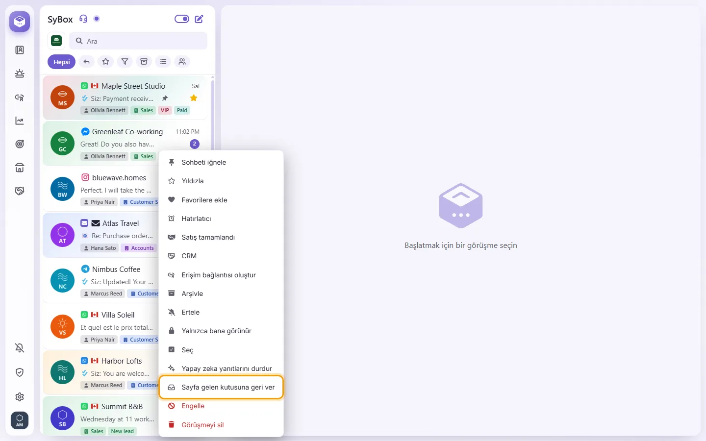 A Messenger conversation's menu: "Hand back to the Page inbox"