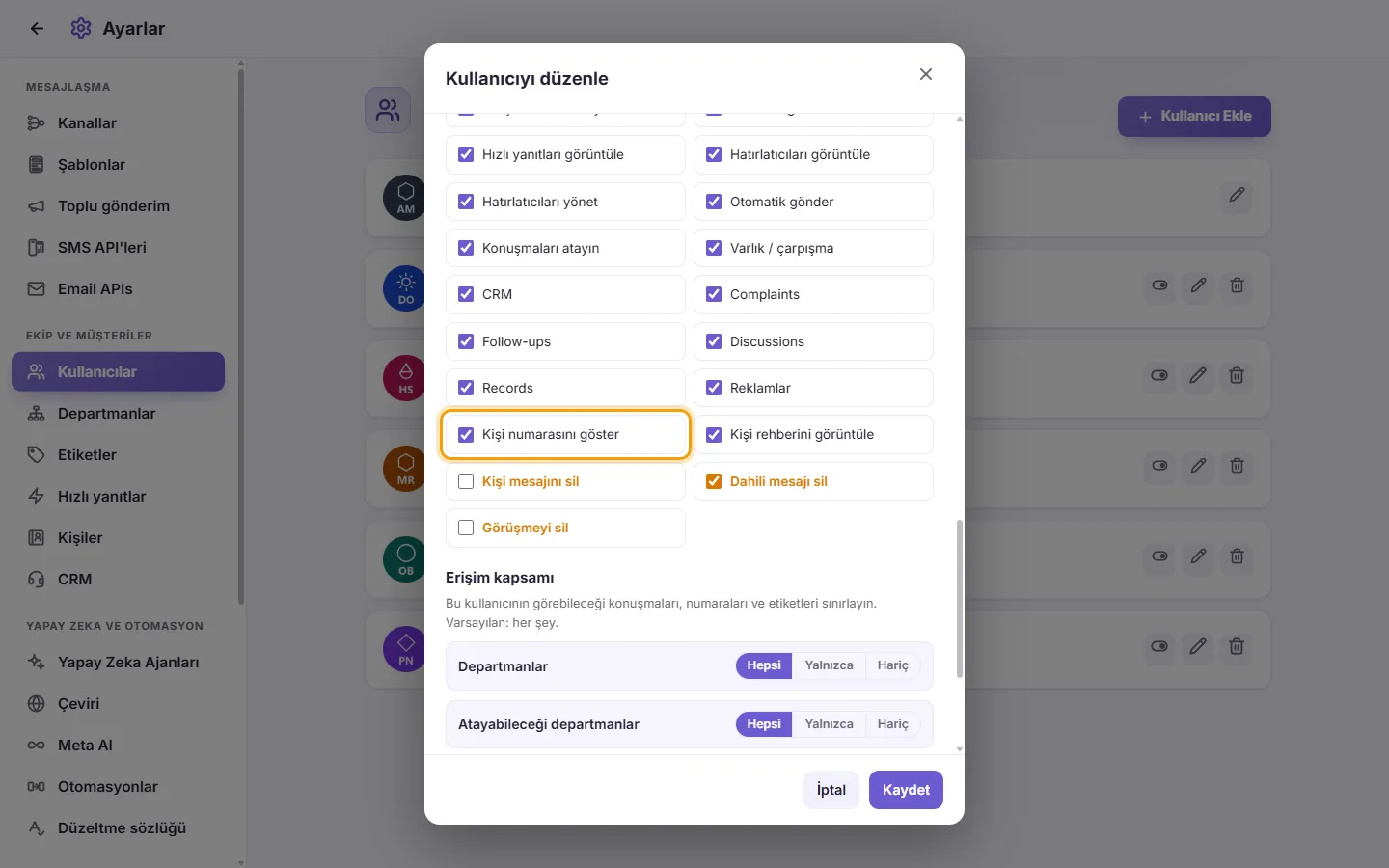 The Edit user window: the "Show contact number" permission, untick it to hide customers' numbers