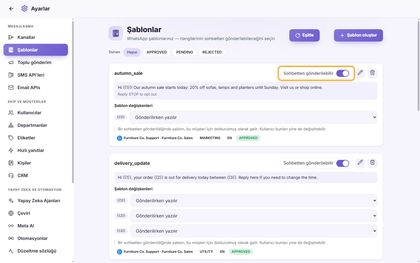 To let the team send a template from conversations: "Sendable from chat" marked on the screen in SyBox