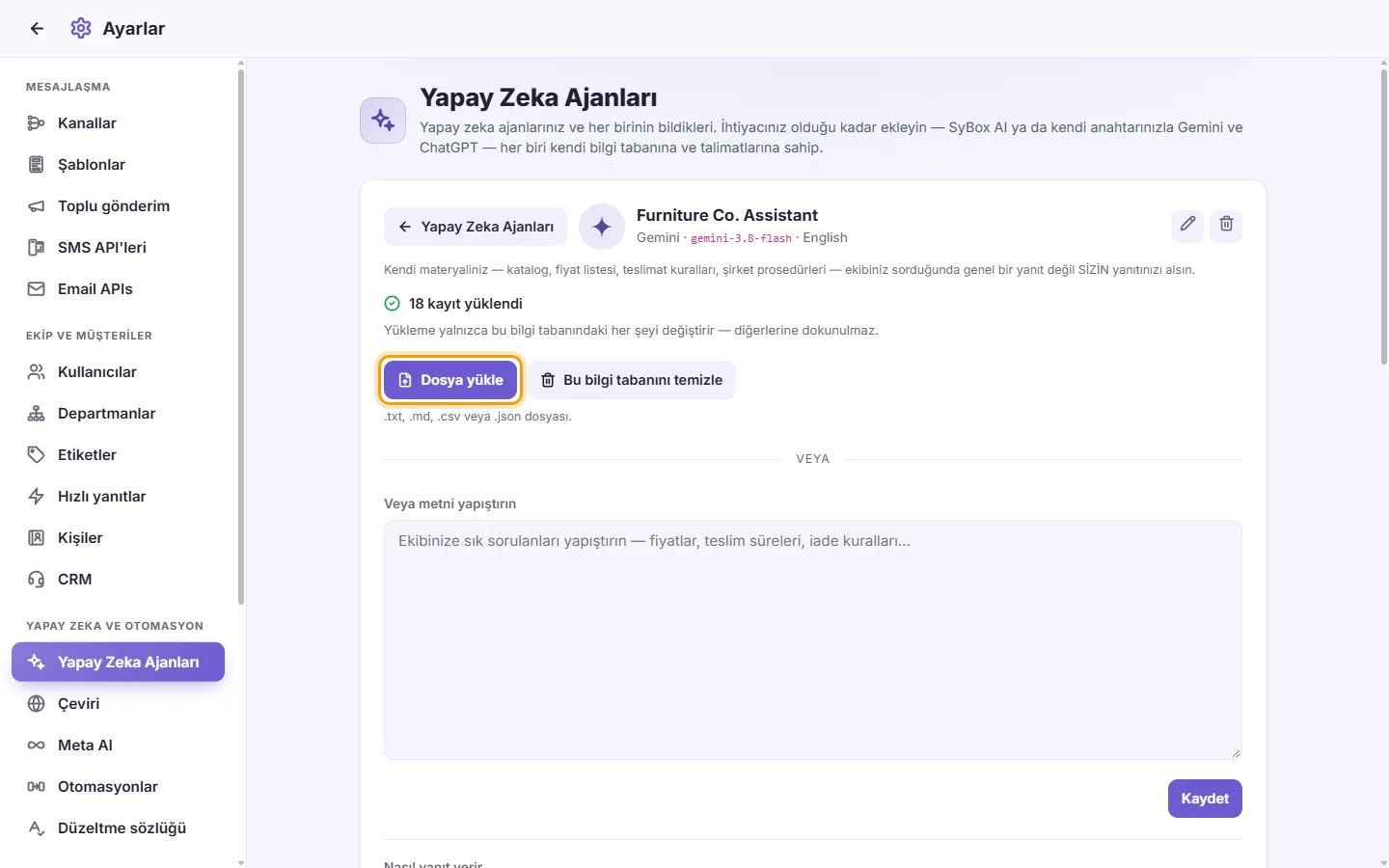 An agent's page: the "Upload a file" button for its knowledge base