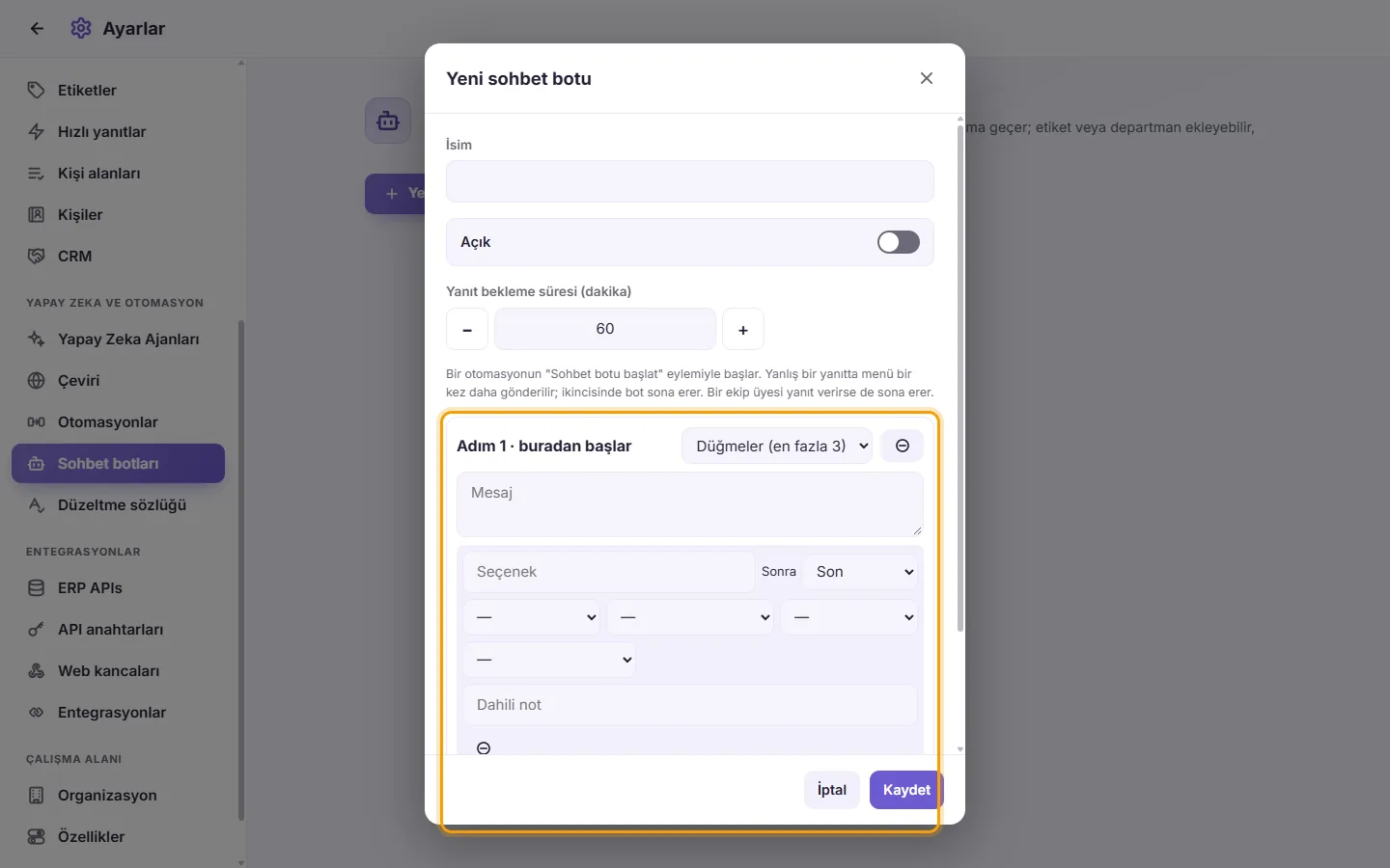 A chatbot step: its kind, its message and its choices