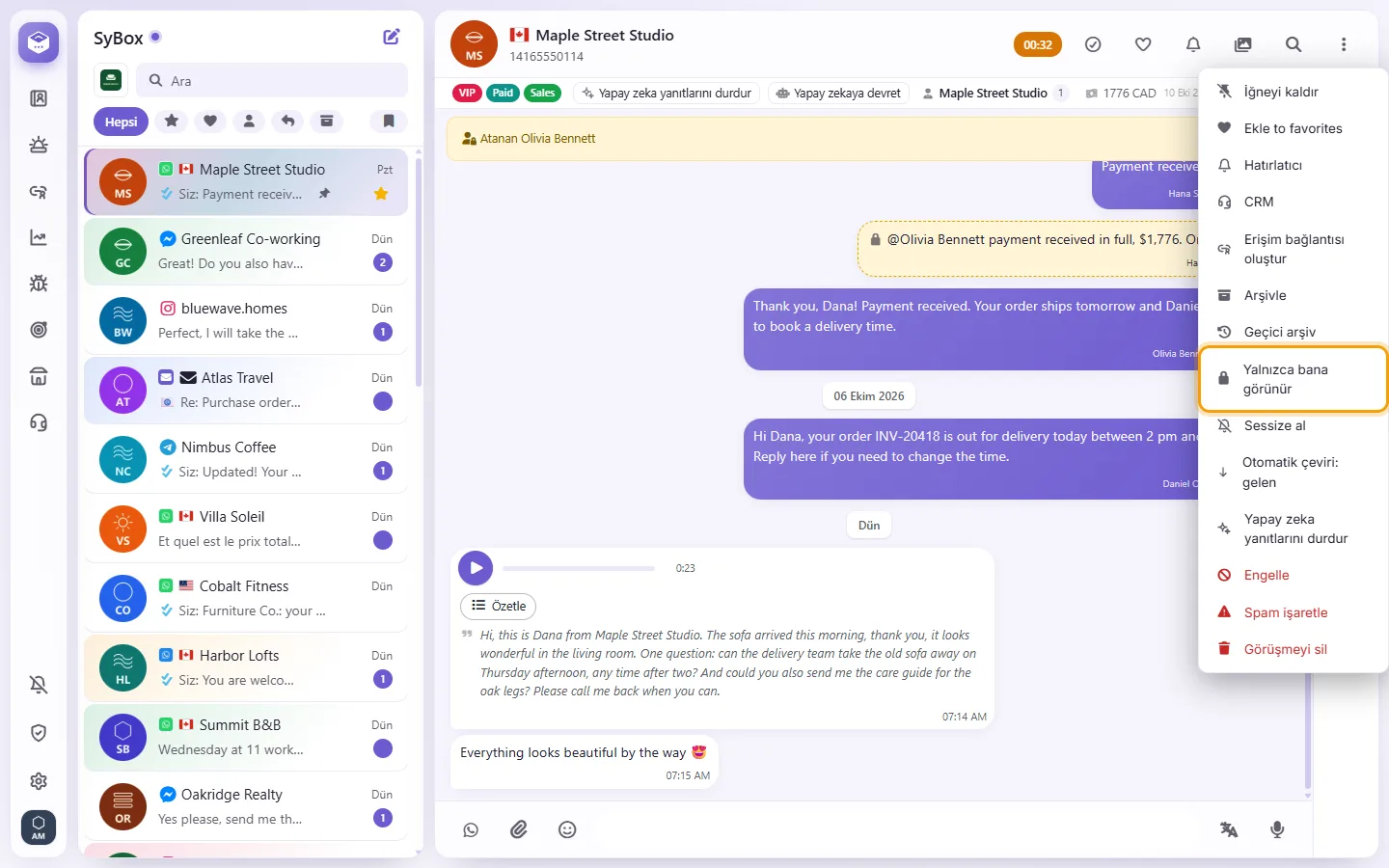 To make a conversation visible to you only: "Visible to me only" marked on the screen in SyBox