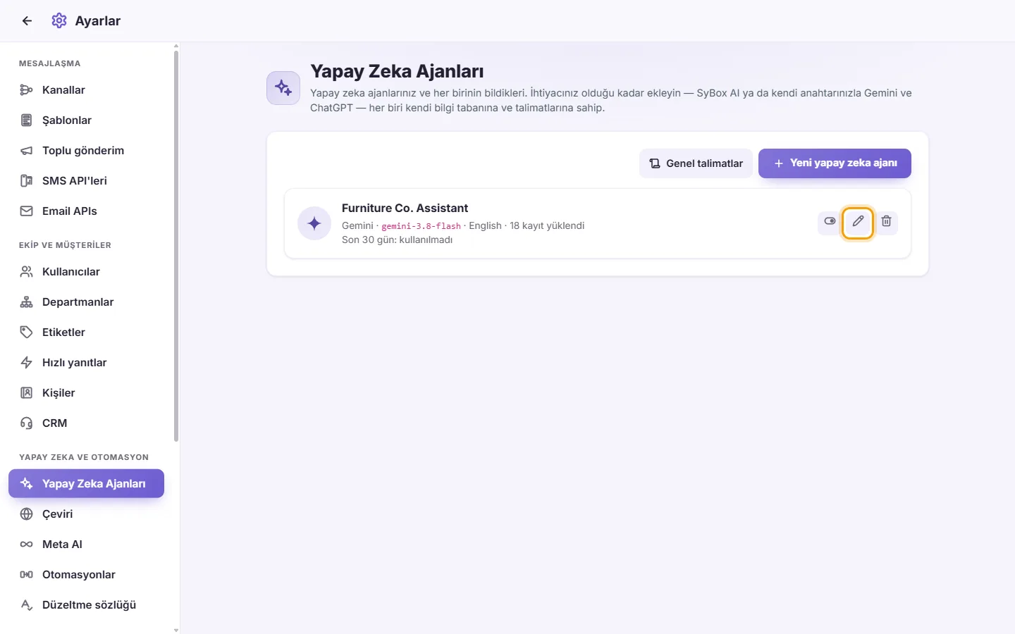 Settings, AI Agents: the pen on an agent's card opens its page