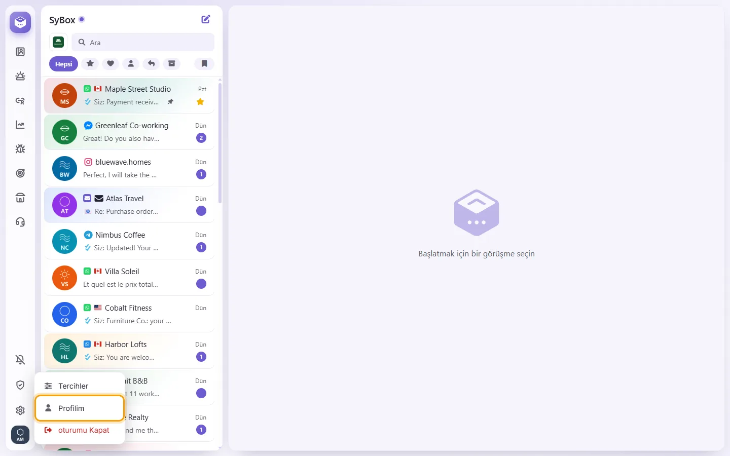The menu under your picture at the bottom of the left bar, with "My profile"