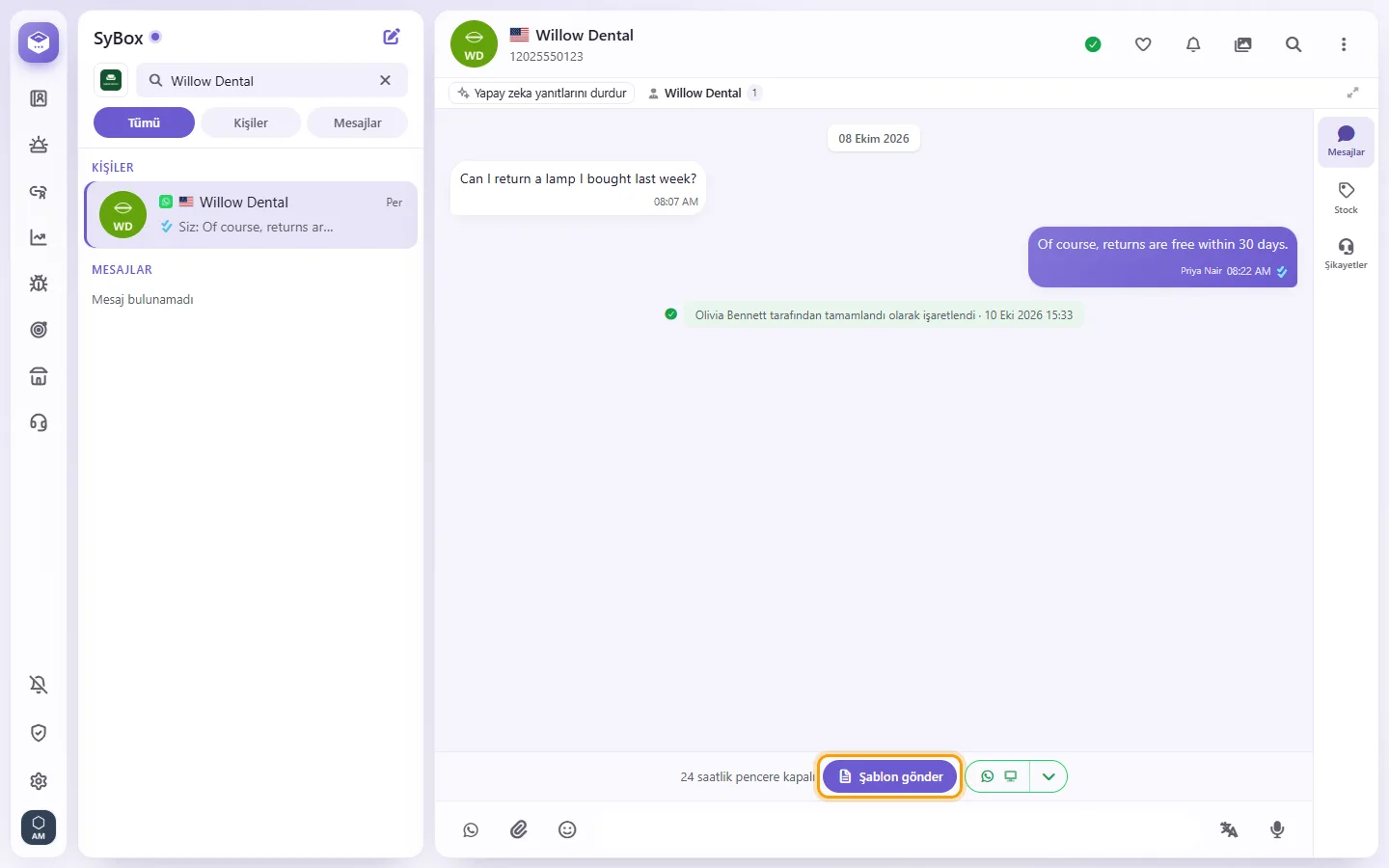 To reach the customer when the window is closed: "Send template" marked on the screen in SyBox