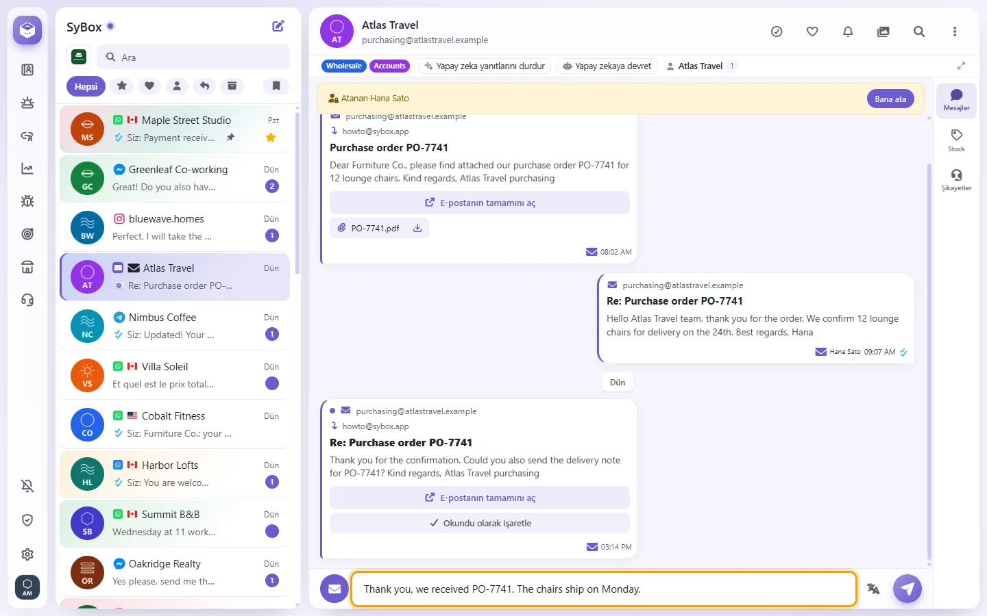 An email conversation: the reply typed in the box at the bottom, sent as an email