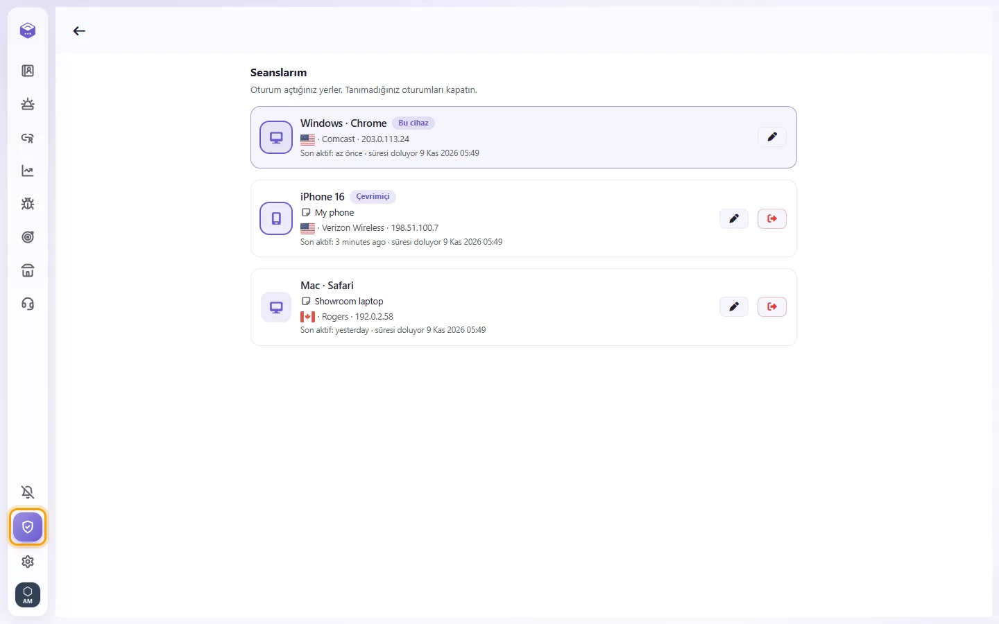 My sessions: every device you are signed in on, with where it is and when it was last active