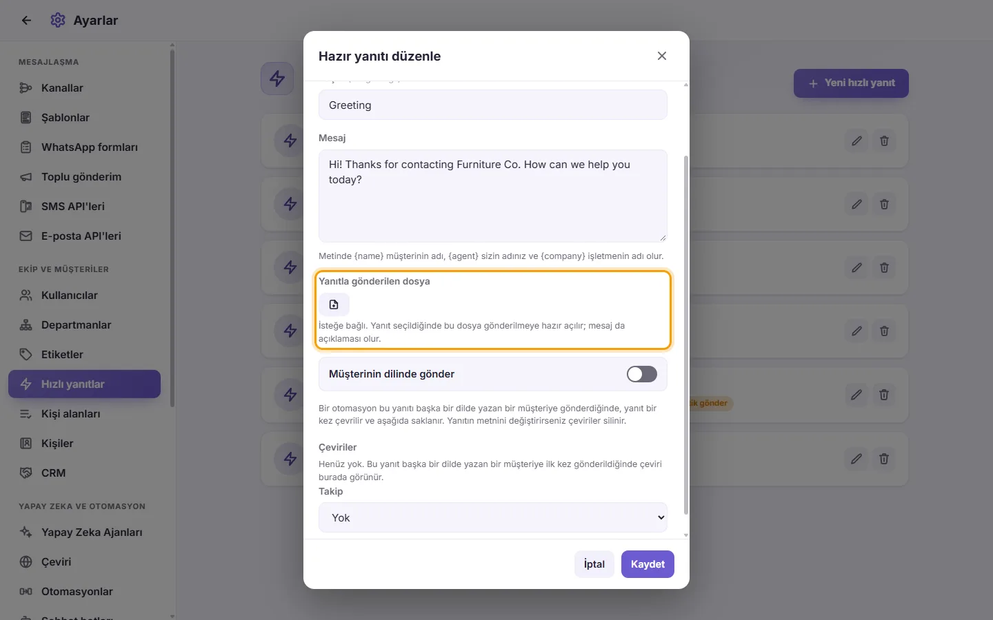 A quick reply: "File sent with the reply"