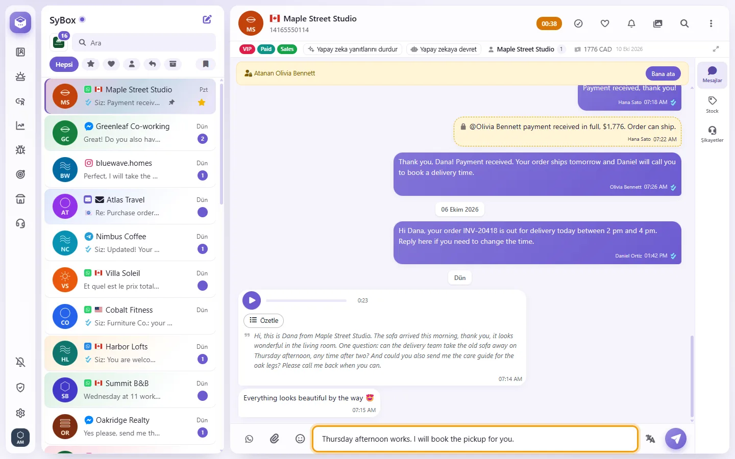 An open conversation, with a reply typed in the message box at the bottom