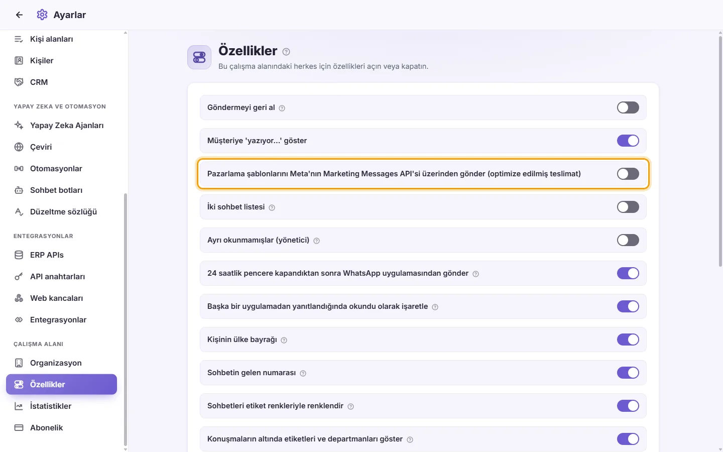 Settings, Features: marketing templates through Meta's Marketing Messages API