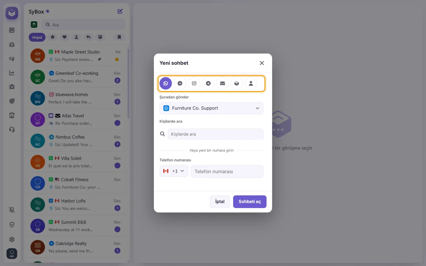 The New chat window: a tab for each channel, then the number it is sent from and the contact