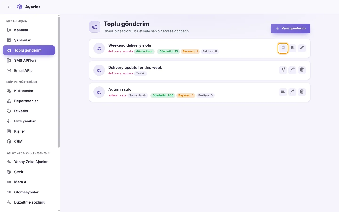 Settings, Broadcasts: a broadcast that is sending, with its Stop button
