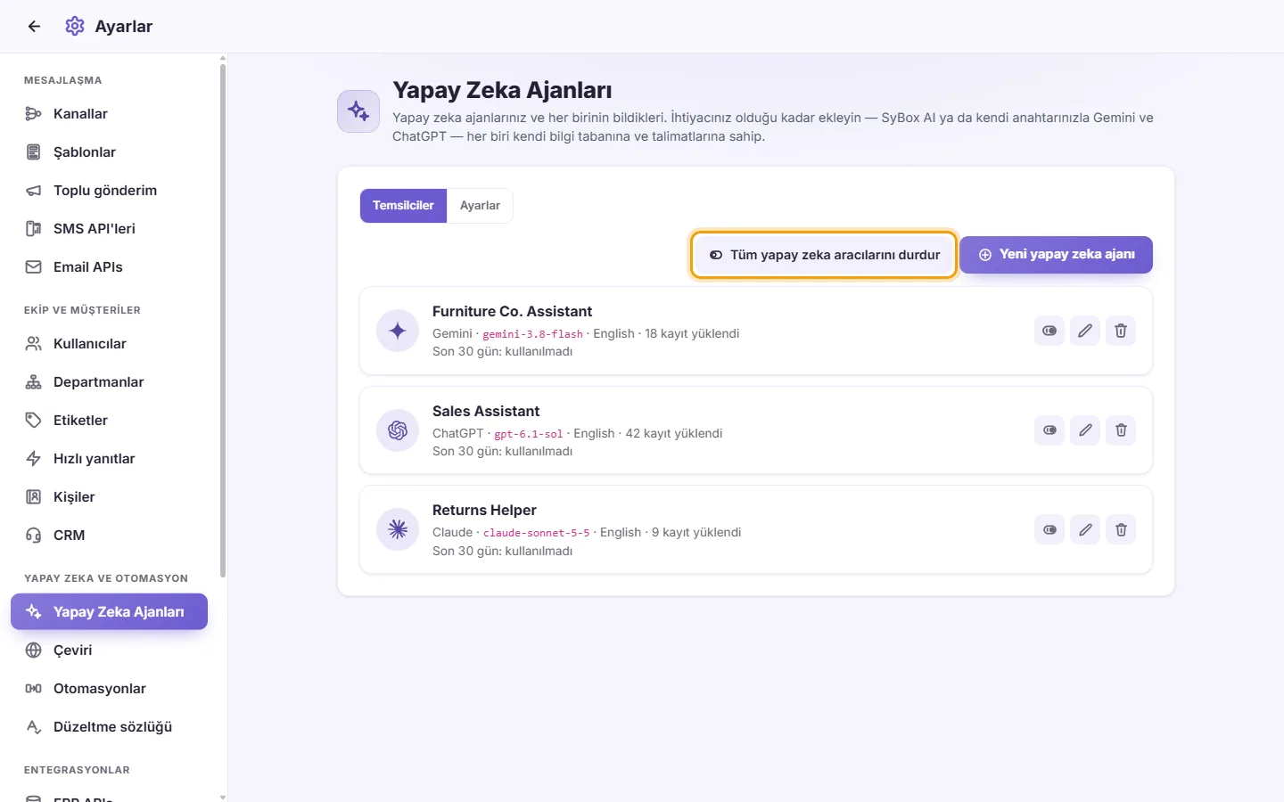 Settings, AI Agents: "Stop all AI agents" beside "New AI agent"