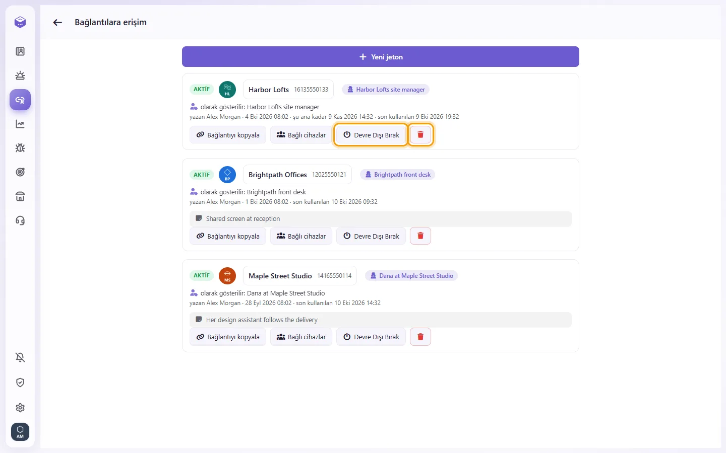 Access links: "Disable" switches a link off; the trash deletes it