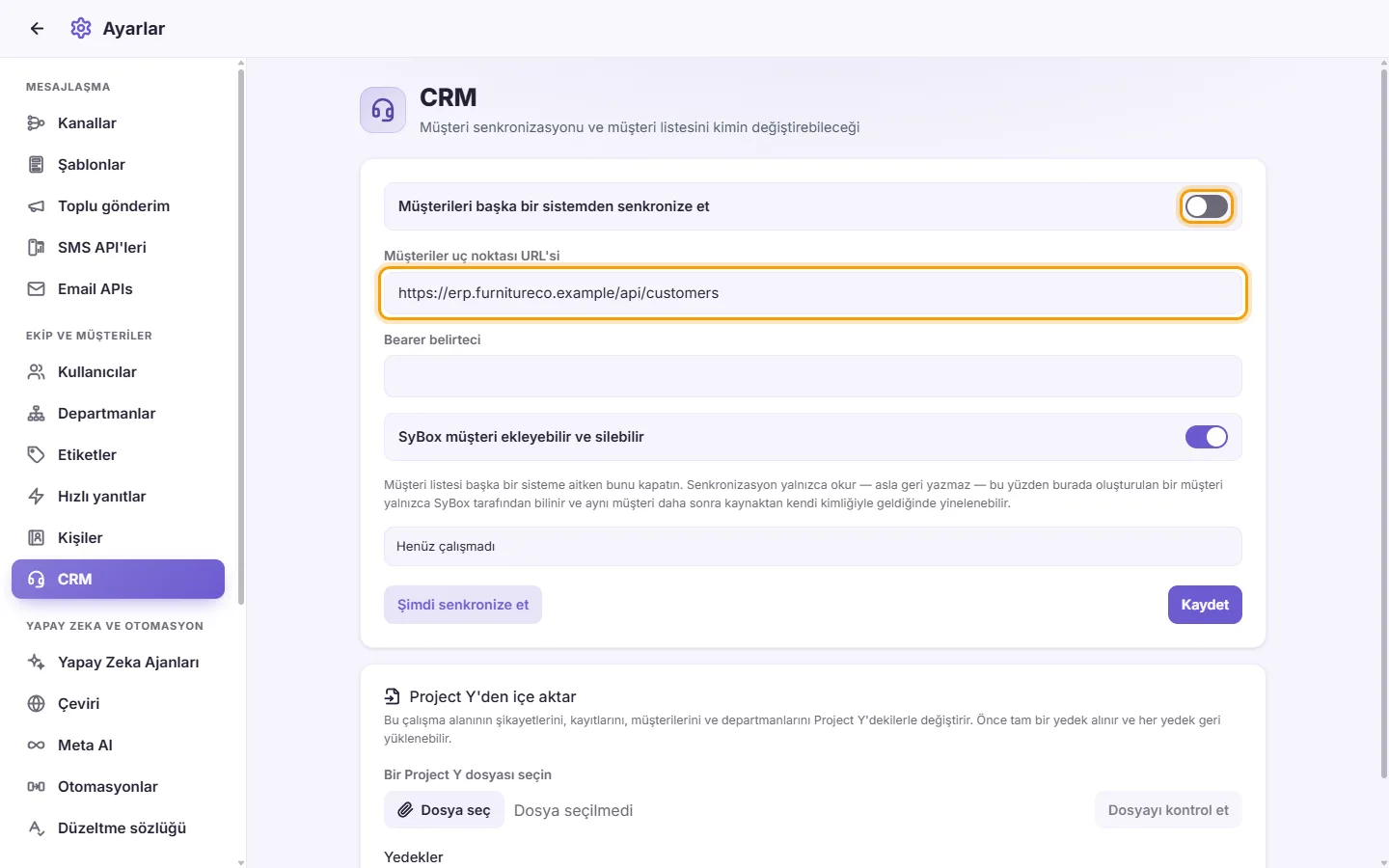 Settings, CRM: the "Sync customers from another system" switch and the address SyBox reads the customers from