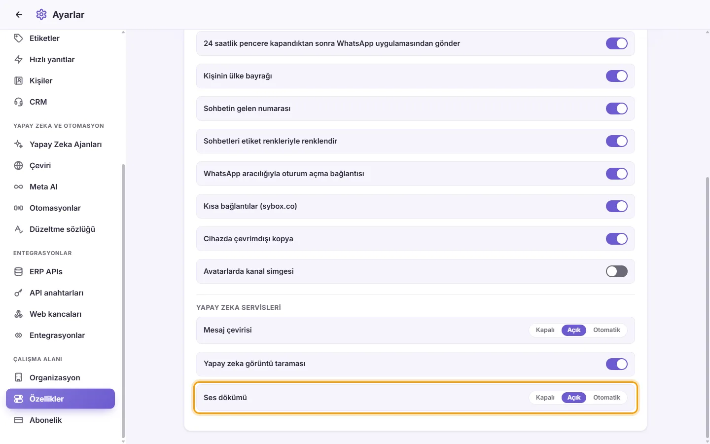 Settings, Features, AI services: "Voice transcription" with its Off, On and Auto choices