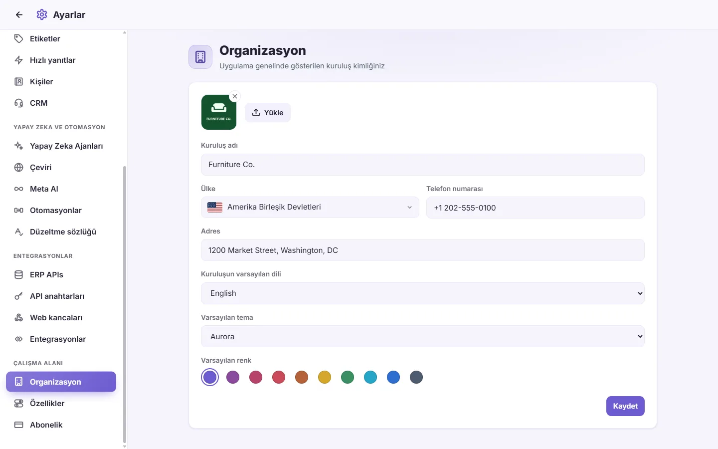 Settings, Organization: the business's name, logo, phone, address and country