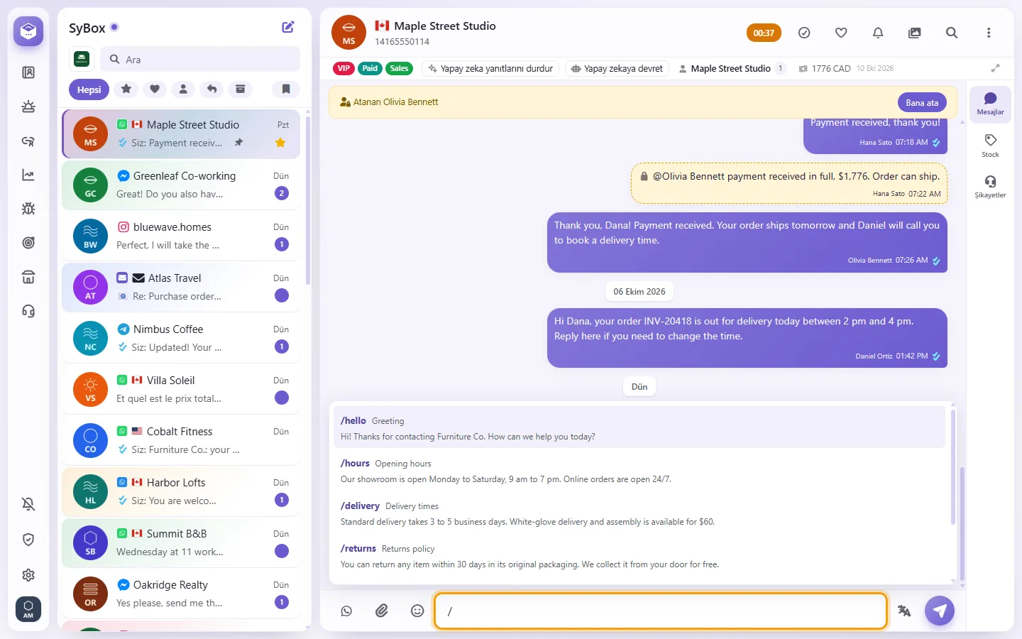 Typing a slash in the message box opens the quick replies
