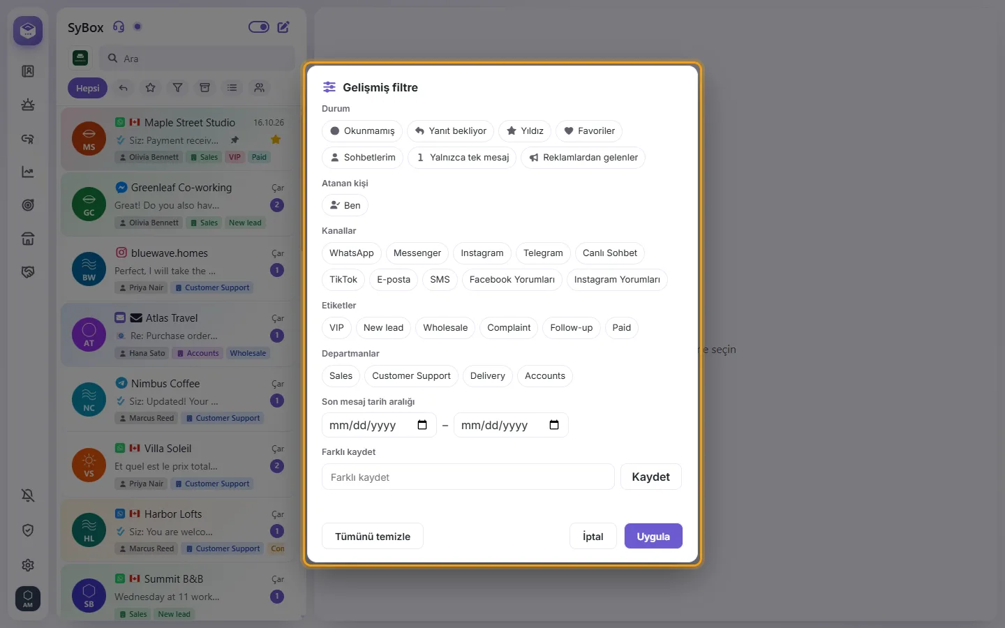 The advanced filter: status, assigned to, channels, labels, departments, contact fields, dates, and "Save as"