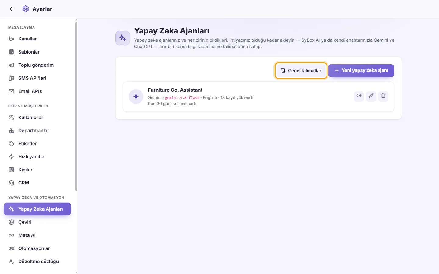 Settings, AI Agents: the "Settings" tab, where the instructions for every agent are