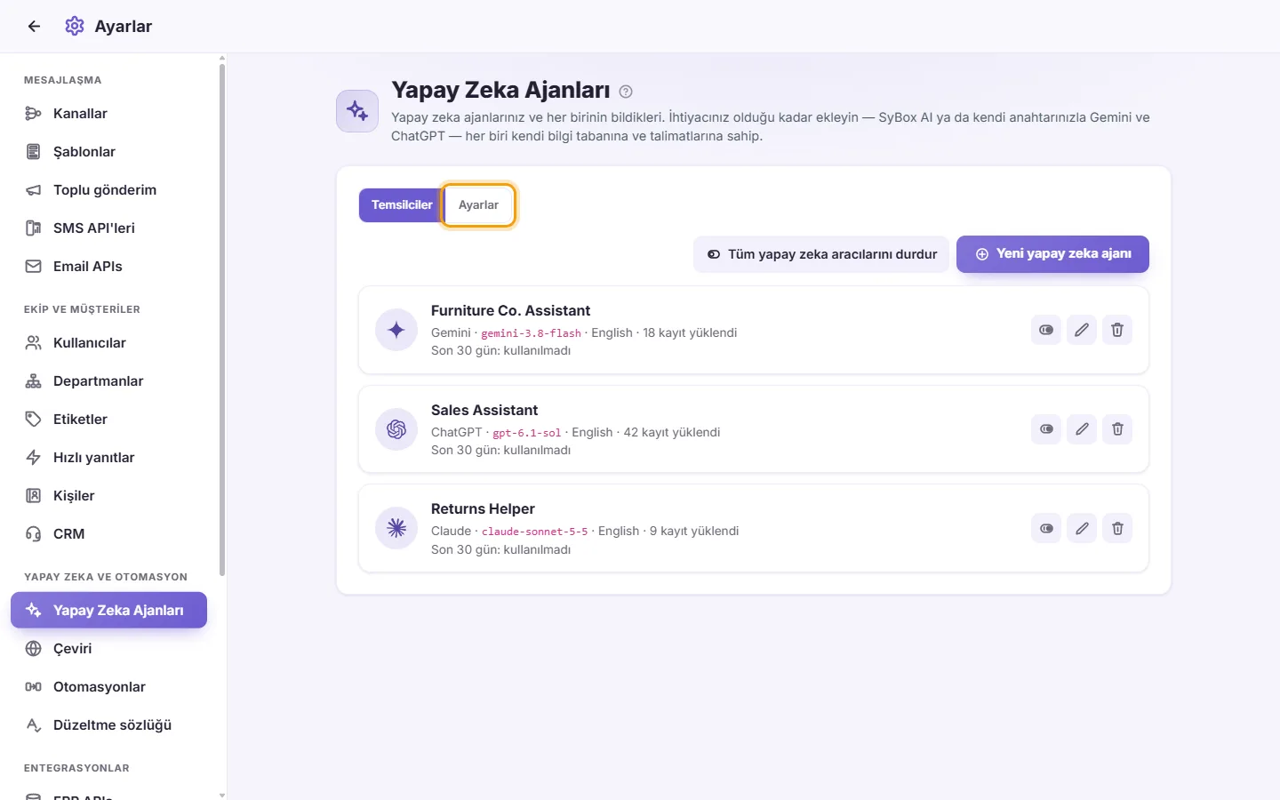 Settings, AI Agents: the "Settings" tab, where the instructions for every agent are